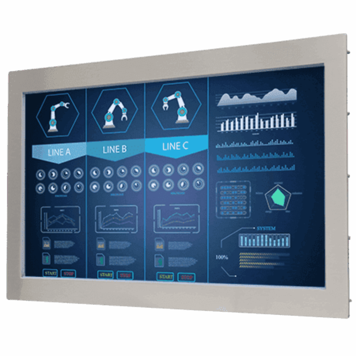 Winmate W22L100-STA3 panel mount monitor, front three-quarter view of the stainless front bezel