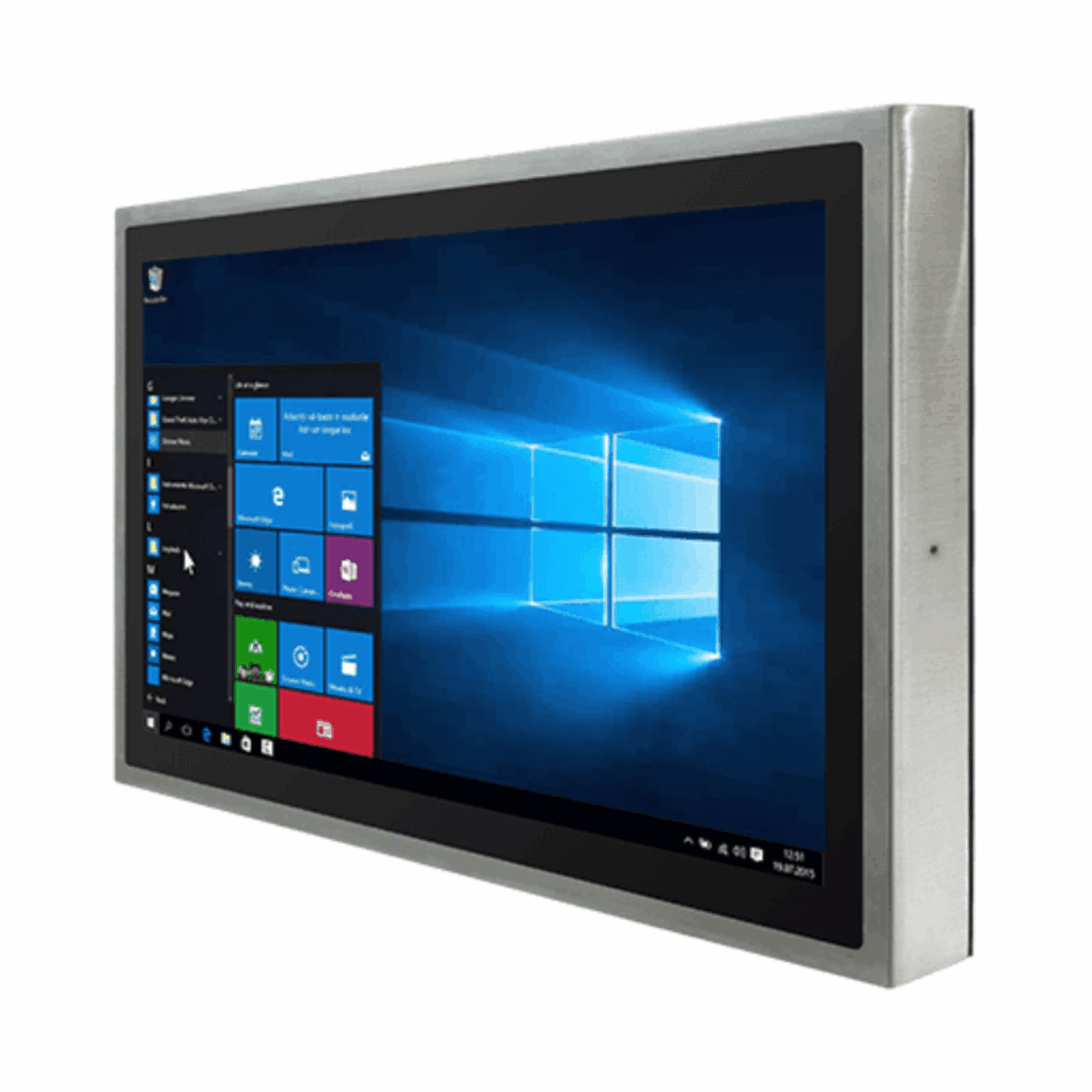 Winmate W24IE3S-SPA2 panel PC, flat black glass front in a stainless widescreen housing, angled view