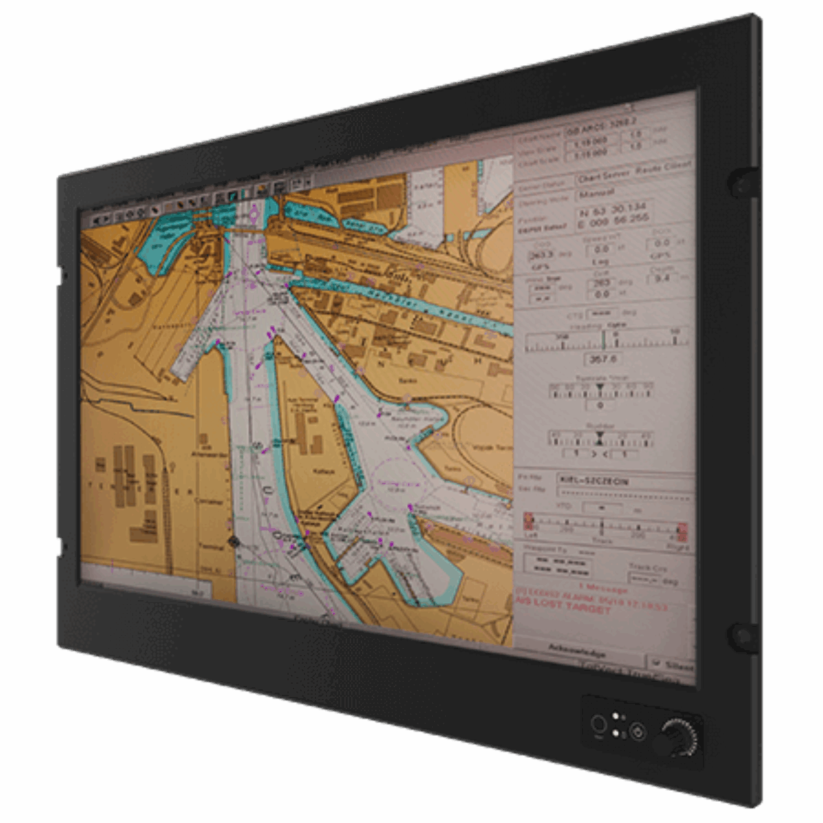 Winmate W24IT3S-MRA1 marine panel PC, angled front view showing a chart display and dimming knob