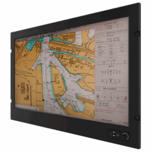 Winmate W24IT3S-MRA1 marine panel PC, angled front view showing a chart display and dimming knob