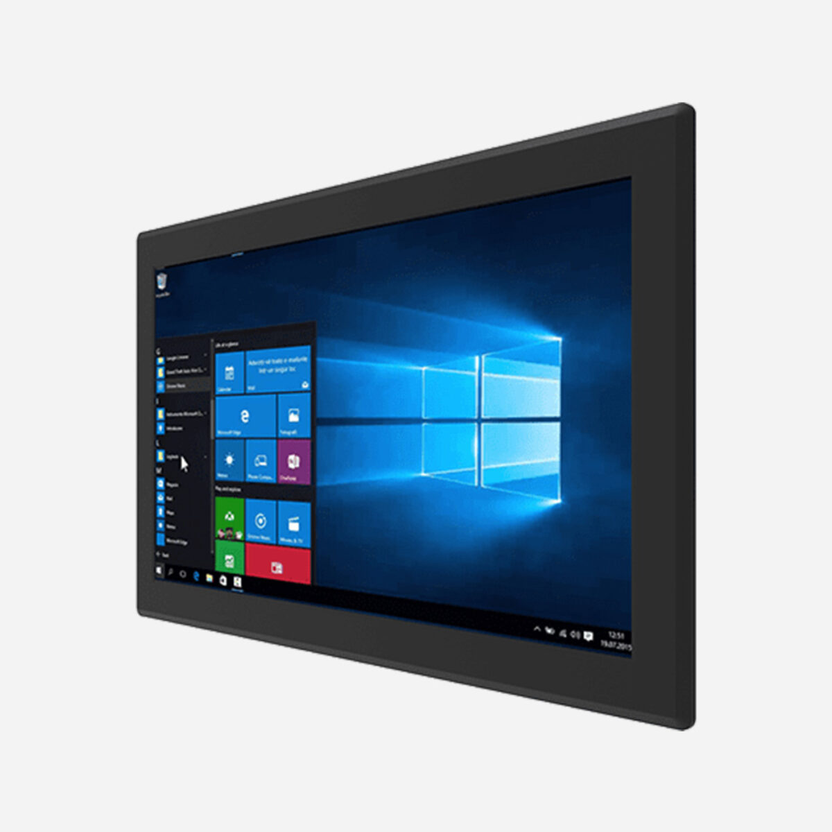 Winmate W24IT3S-PMA2 panel mount PC, angled front view of the widescreen display