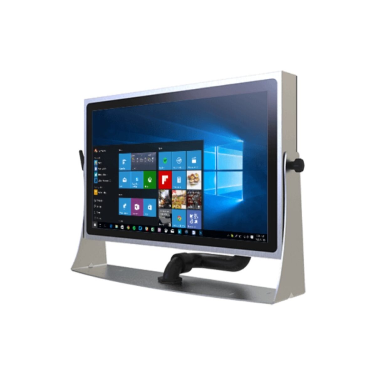 Winmate W24IT3S-SPA269-P1 stainless steel panel PC on a yoke stand with sealed conduit