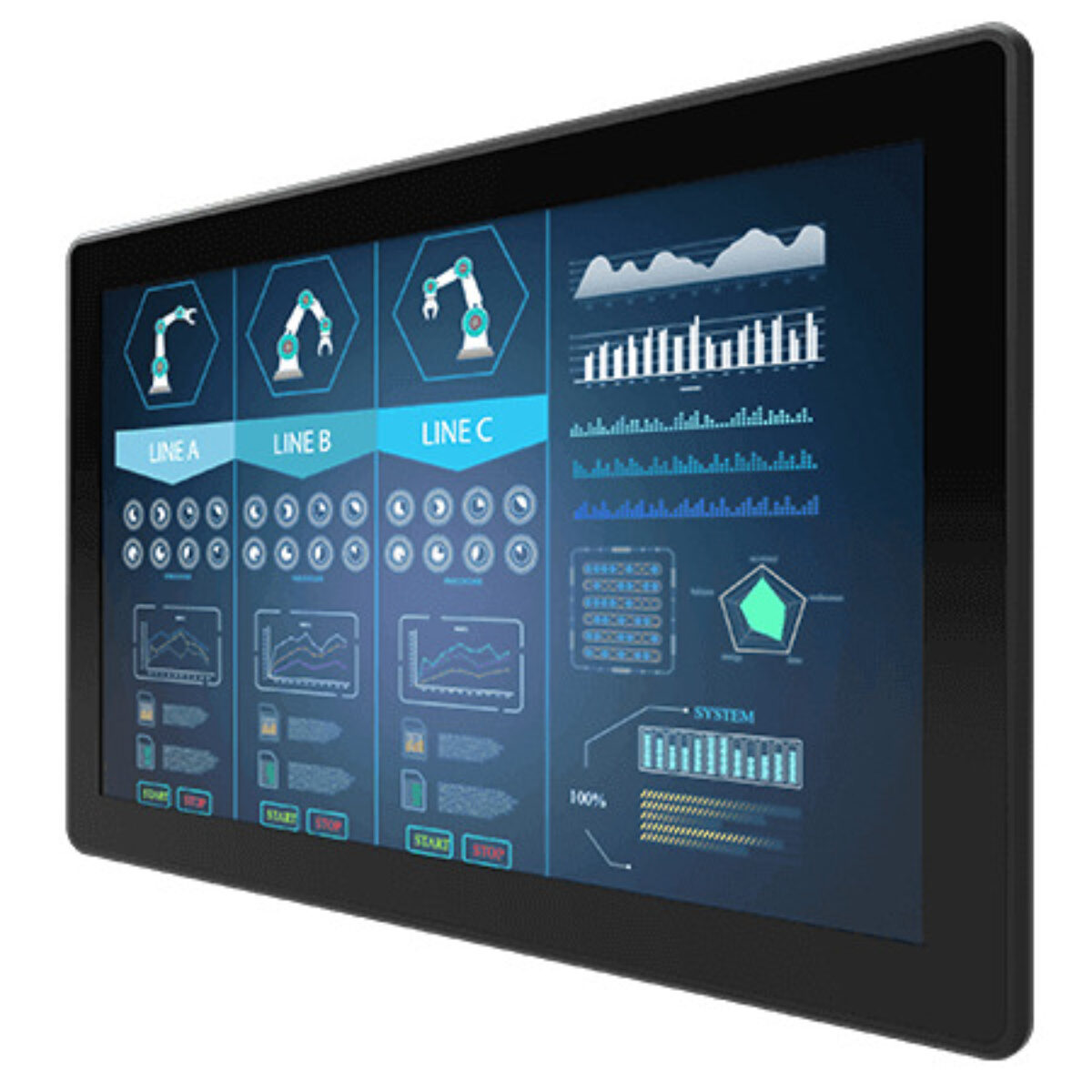 Winmate W24L100-EHC1OD industrial monitor, front three-quarter view with black bezel