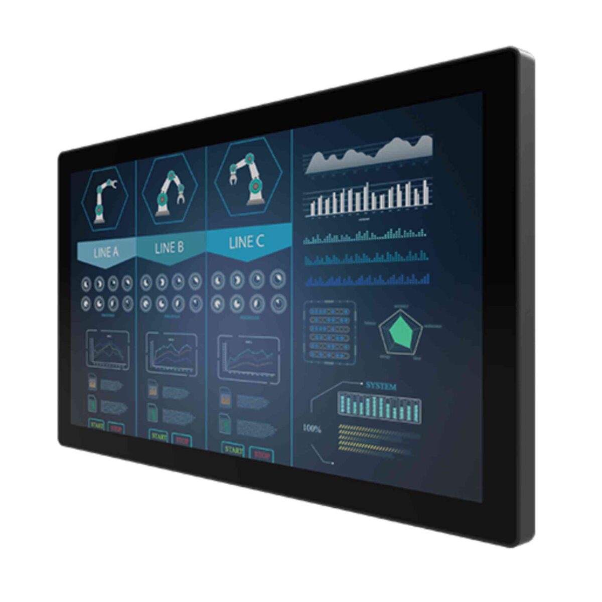 Winmate W24L100-GCC1OD industrial monitor, front three-quarter view with black bezel
