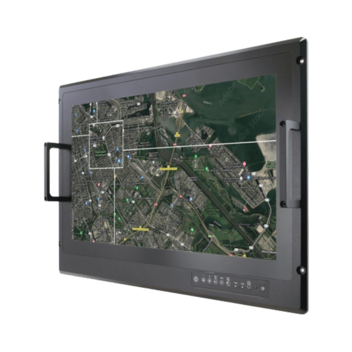 Winmate W24L100-MLA2FP rack mount monitor, front three-quarter view with carry handles