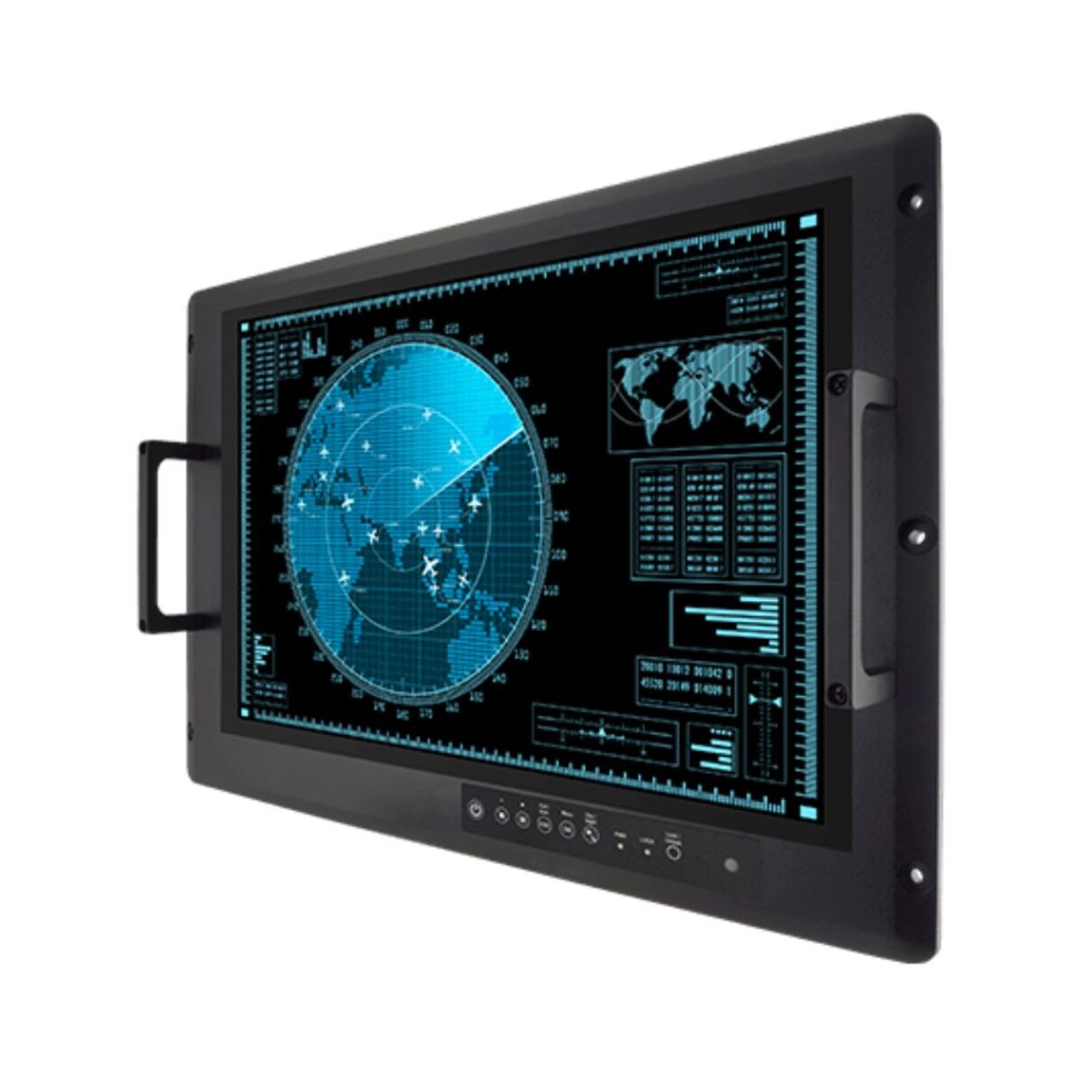 Winmate W24L100-MLL1FP rack mount monitor, front three-quarter view with carry handles