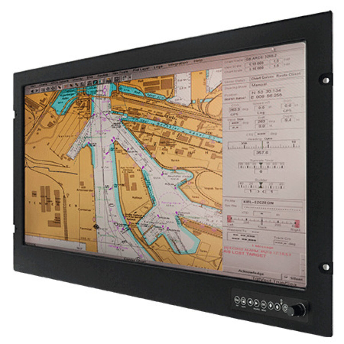 Winmate W24L100-MRA1HB marine monitor, front three-quarter view showing a nautical chart