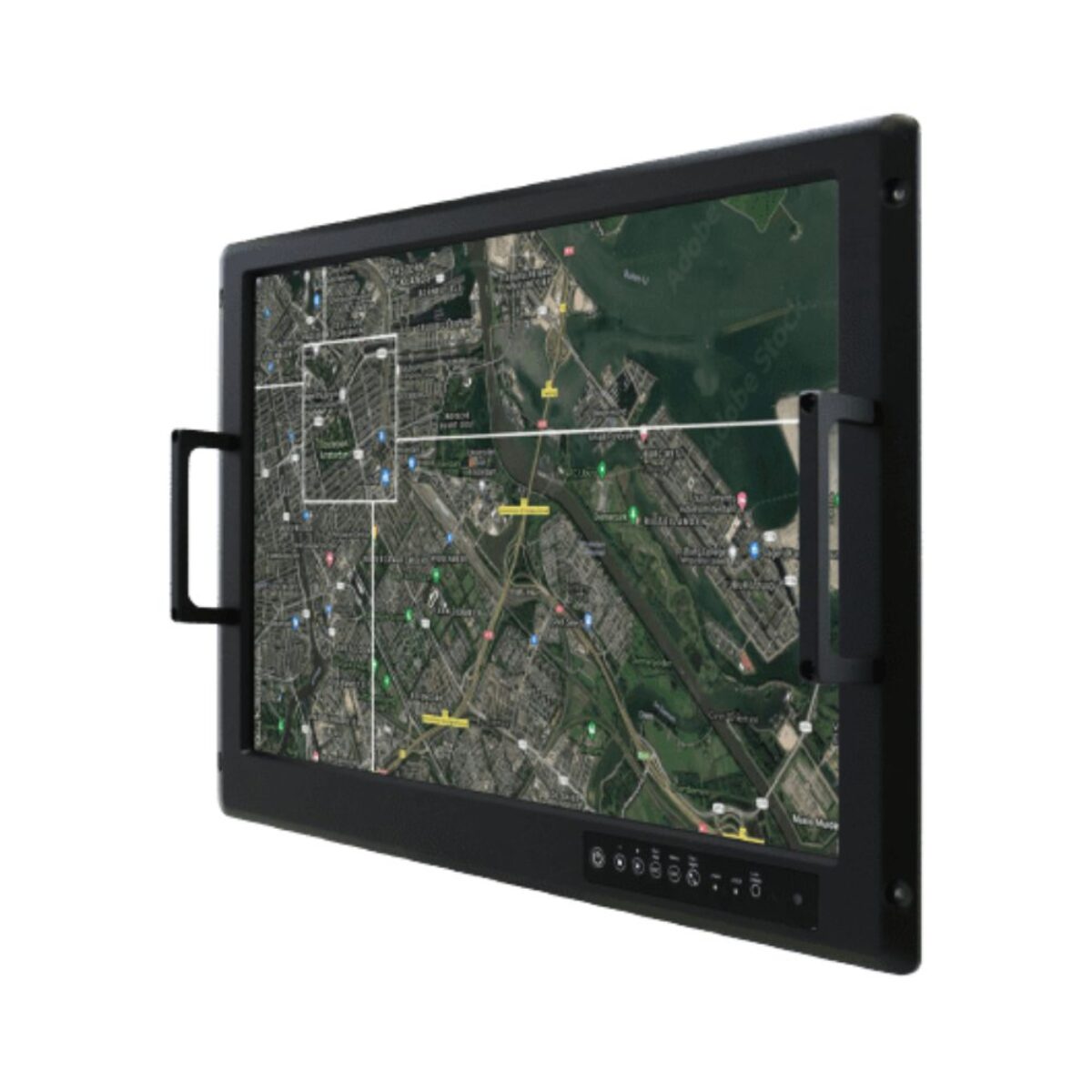 Winmate W24L100-RKS1ML rack mount monitor, angled front view with carry handles and map on screen