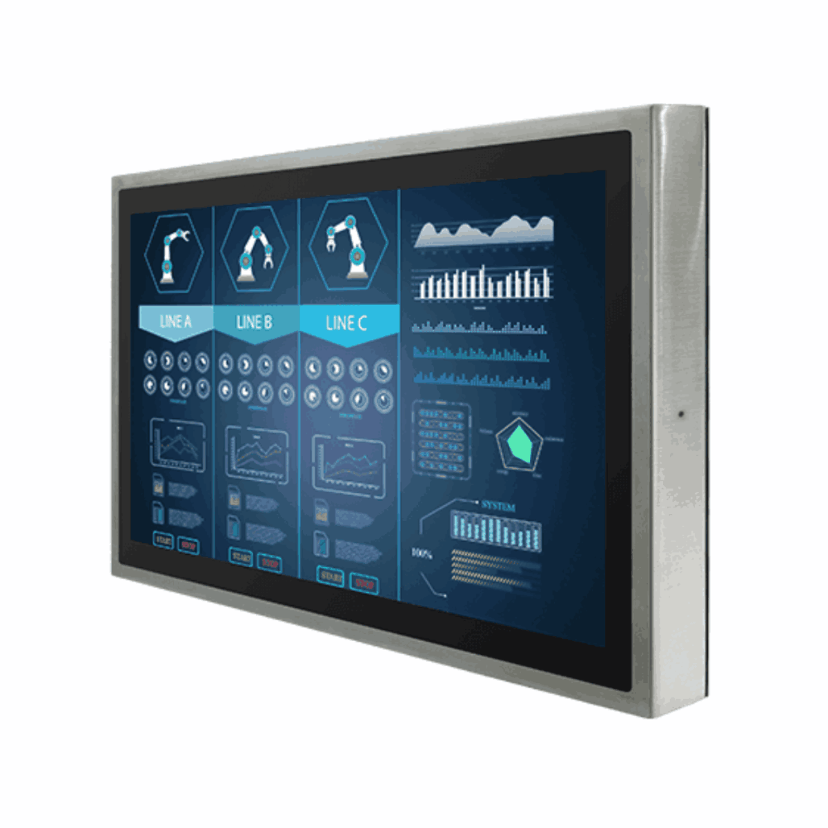 Winmate W24L100-SPA269 IP69K stainless steel monitor, angled front view of the stainless housing
