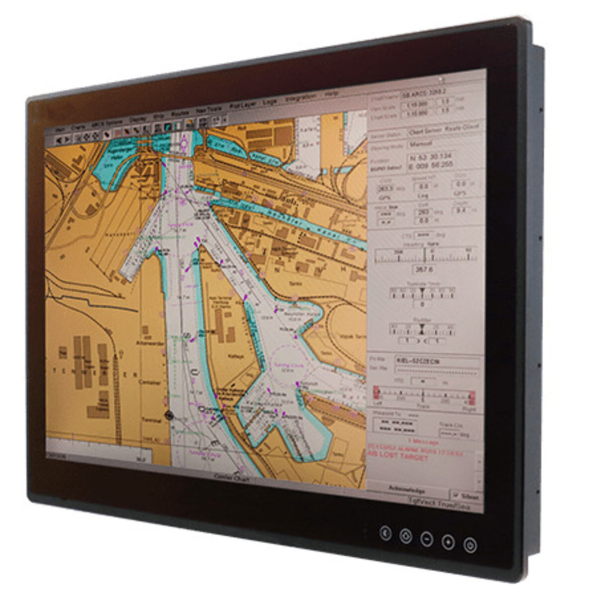 Winmate W26L100-MRA1FP marine monitor, angled front view with chart display and front touch keys