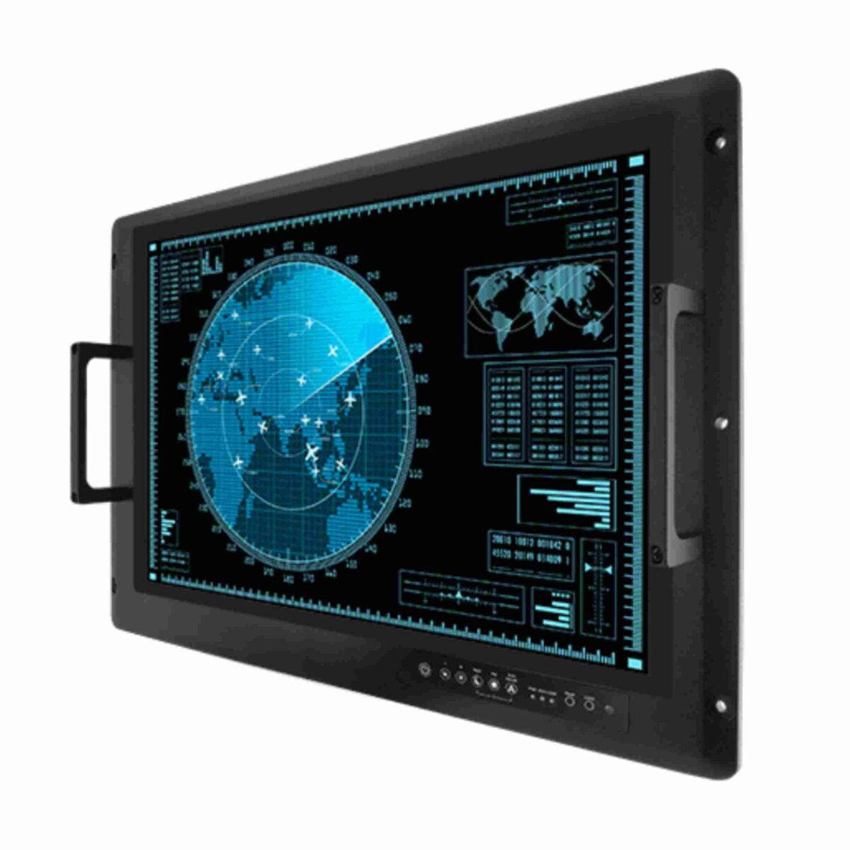 Winmate W27L100-MLA3FG rack mount monitor, angled front view with carry handles and radar display