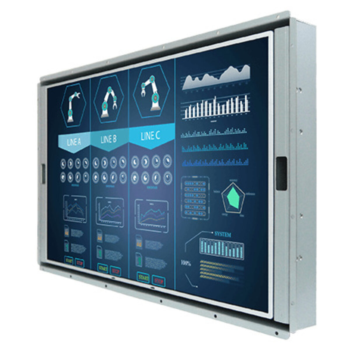 Winmate W27L100-OFA1 open frame monitor, angled front view of the open metal frame