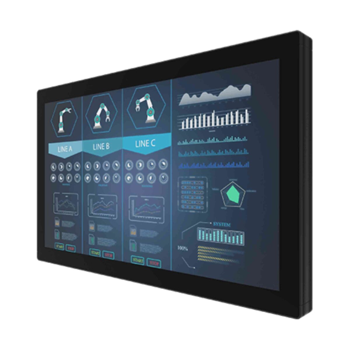 Winmate W32L100-PCA4OD sunlight readable touch monitor, angled front view of the black chassis