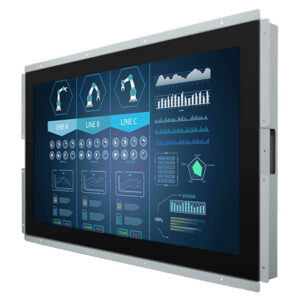 Winmate W32L100-POA3 open frame touch monitor, angled front view of the open metal frame