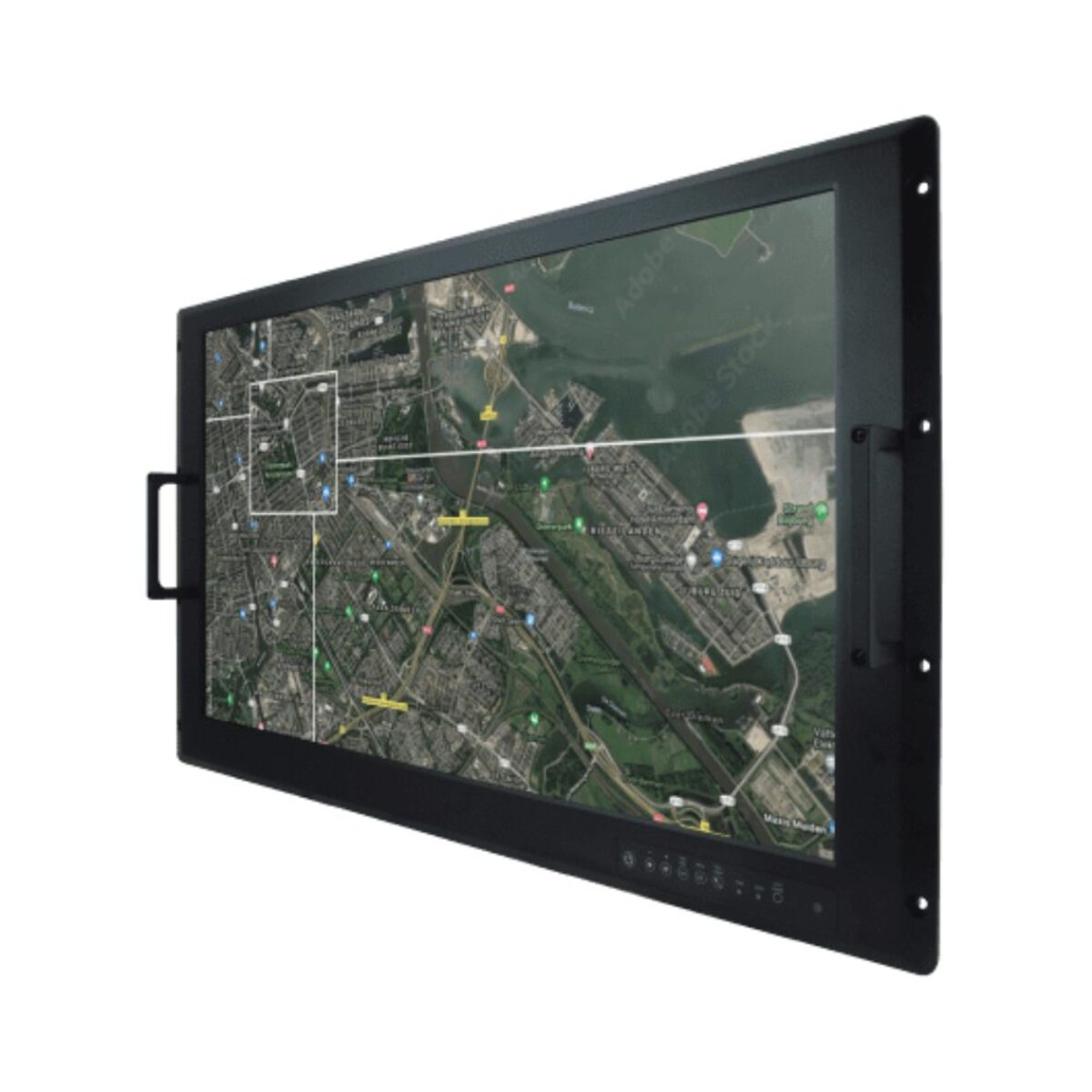 Winmate W32L100-RKA3ML rack mount monitor, angled front view with carry handles and map on screen