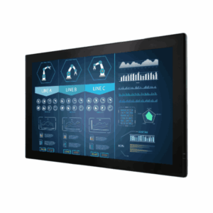 Winmate W32L100-SDA3 SDI touch monitor, angled front view of the black chassis