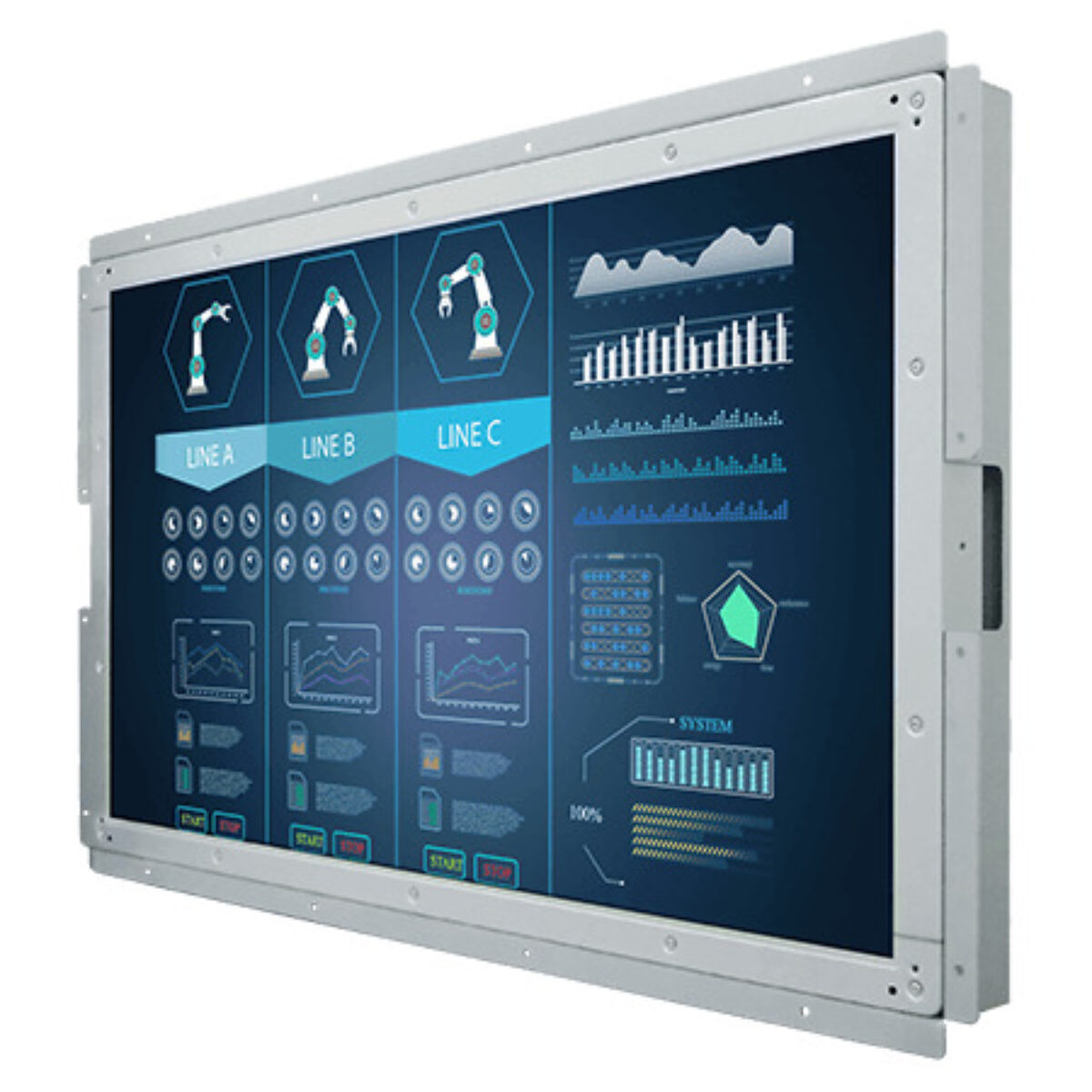 Winmate W32L300-OFA3TR transflective open frame monitor, angled front view of the 32 inch frame