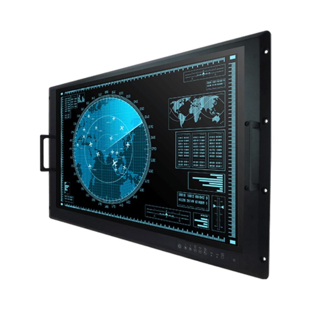 Winmate W40L100-MLM1FG rack mount monitor, angled front view with carry handles and radar display