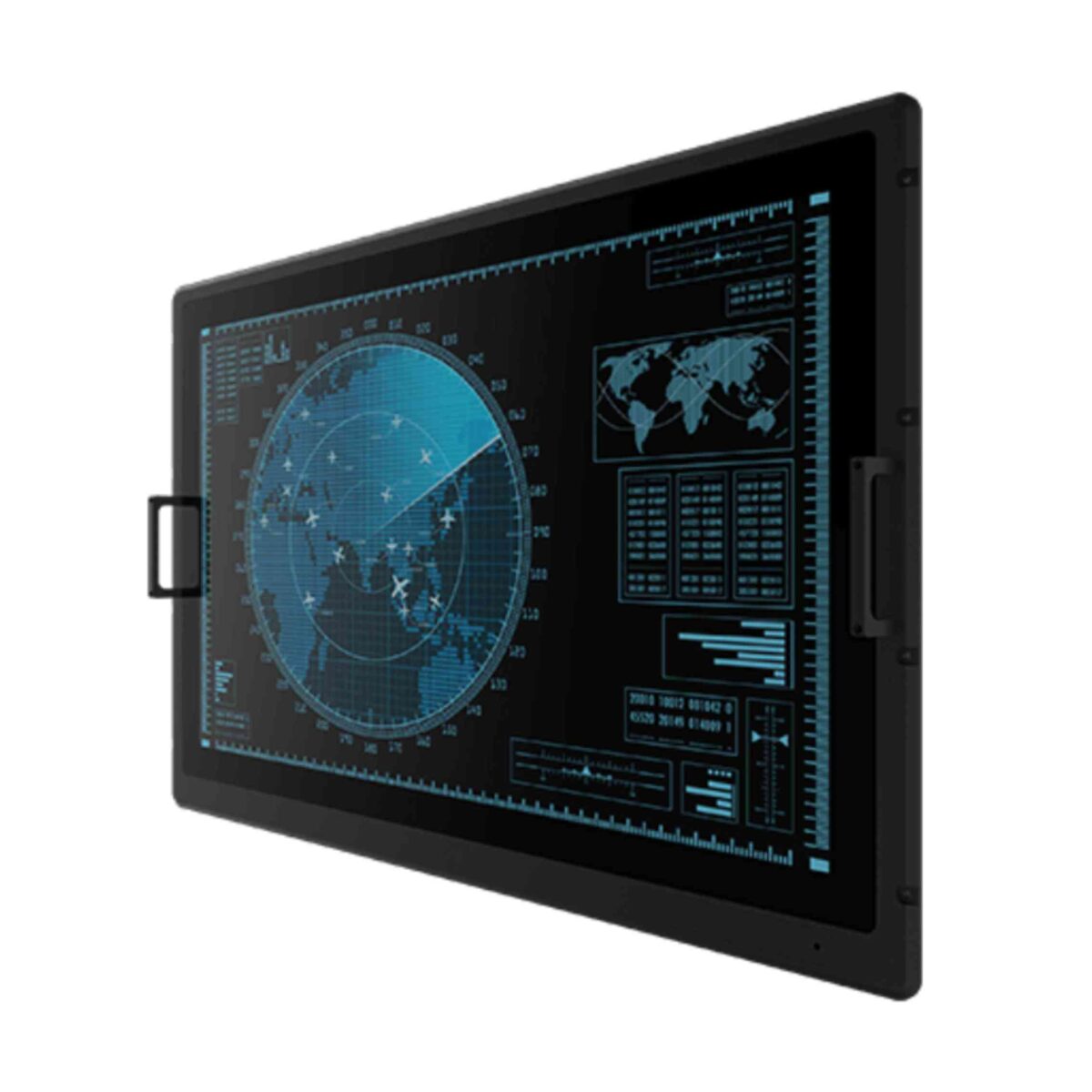 Winmate W43L100-MLA2FP rack mount touch monitor, angled front view with carry handles and radar display