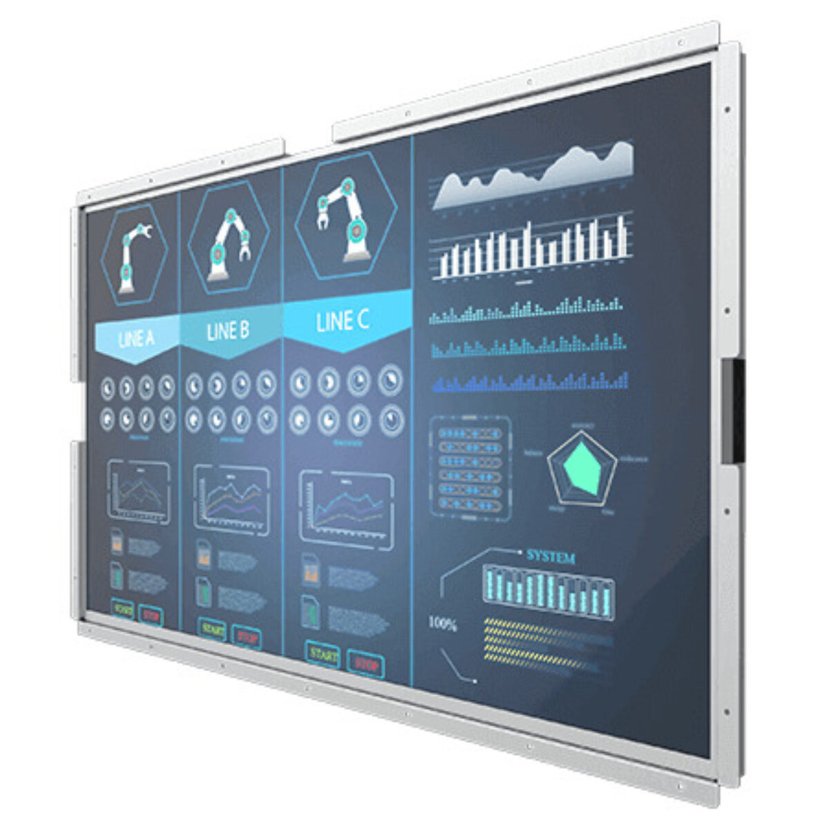 Winmate W43L300-OFA1 open frame monitor, angled front view of the 42.5 inch widescreen frame