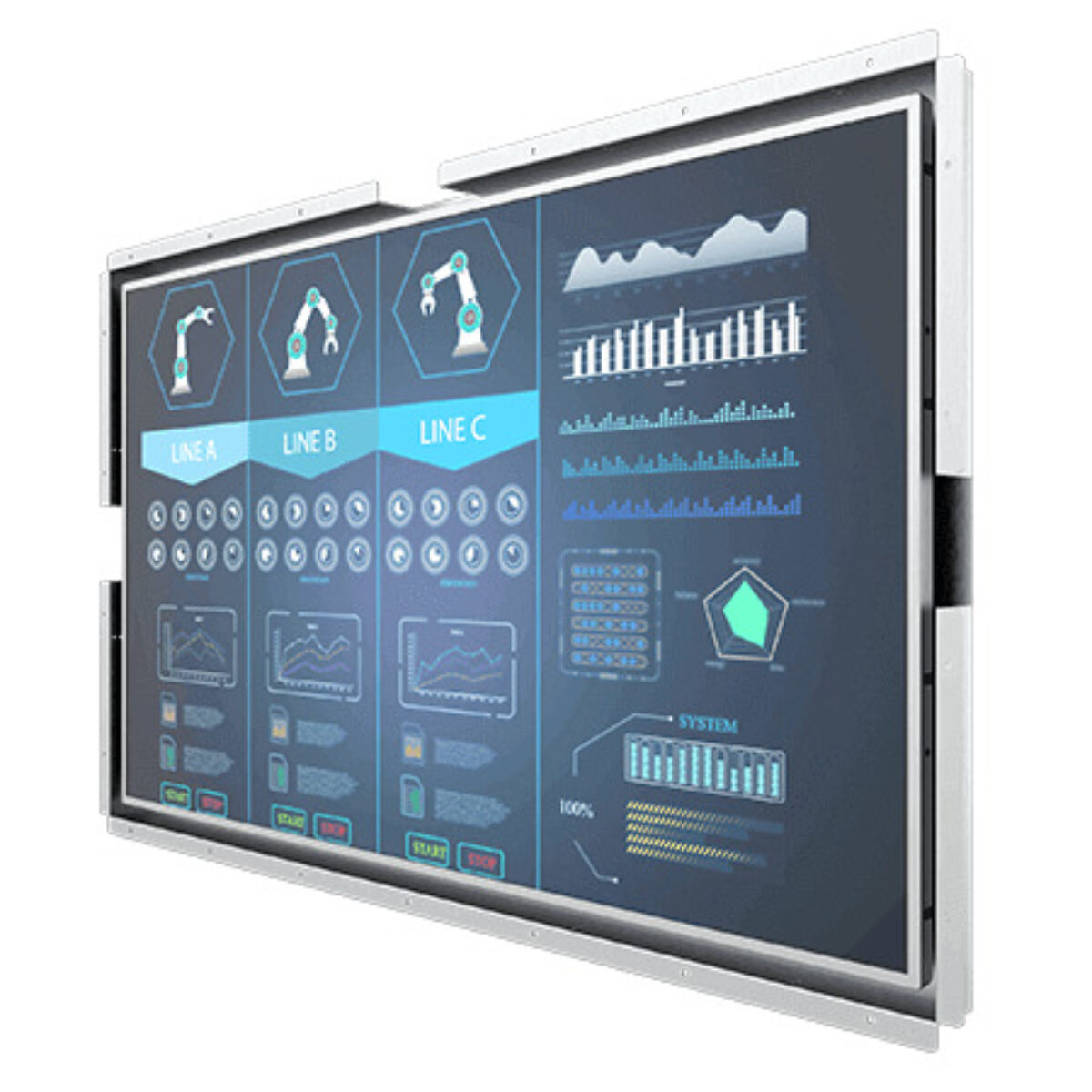 Winmate W43L300-OFA2HB open frame monitor, angled front view of the 42.5 inch frame