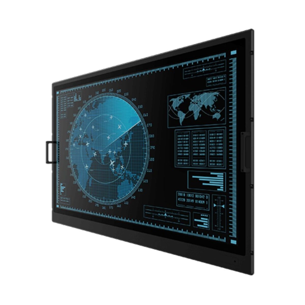 Winmate W55L100-MLA1FP rack mount touch monitor, angled front view with carry handles and radar display