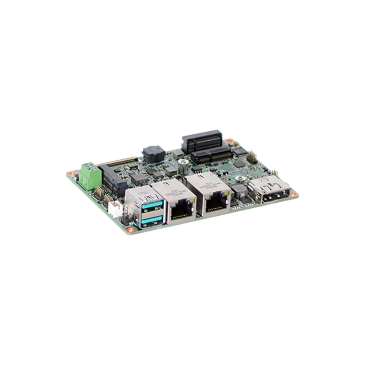 DFI WL051 2.5 inch Pico-ITX SBC, angled top view with two LAN ports, USB, DP++/HDMI and terminal block