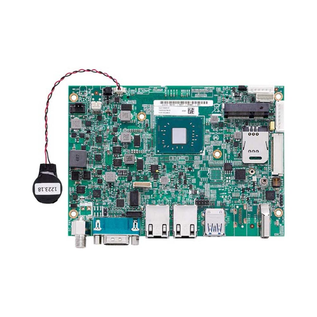 Nexcom X100-J3455-P 3.5 inch SBC, top view with processor, SIM slot, DB9 COM port and two RJ45 ports