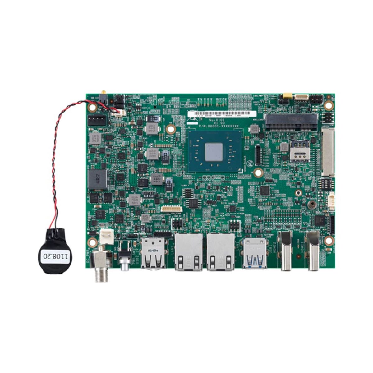 Nexcom X101-J3455-E 3.5 inch SBC, top view with DC jack, USB, two RJ45 and two HDMI ports