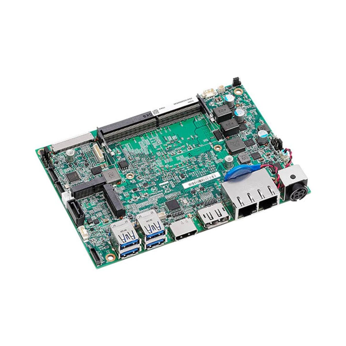 Nexcom X200 3.5 inch SBC, angled view of the edge with four USB, HDMI, DisplayPort, two RJ45 and DC jack