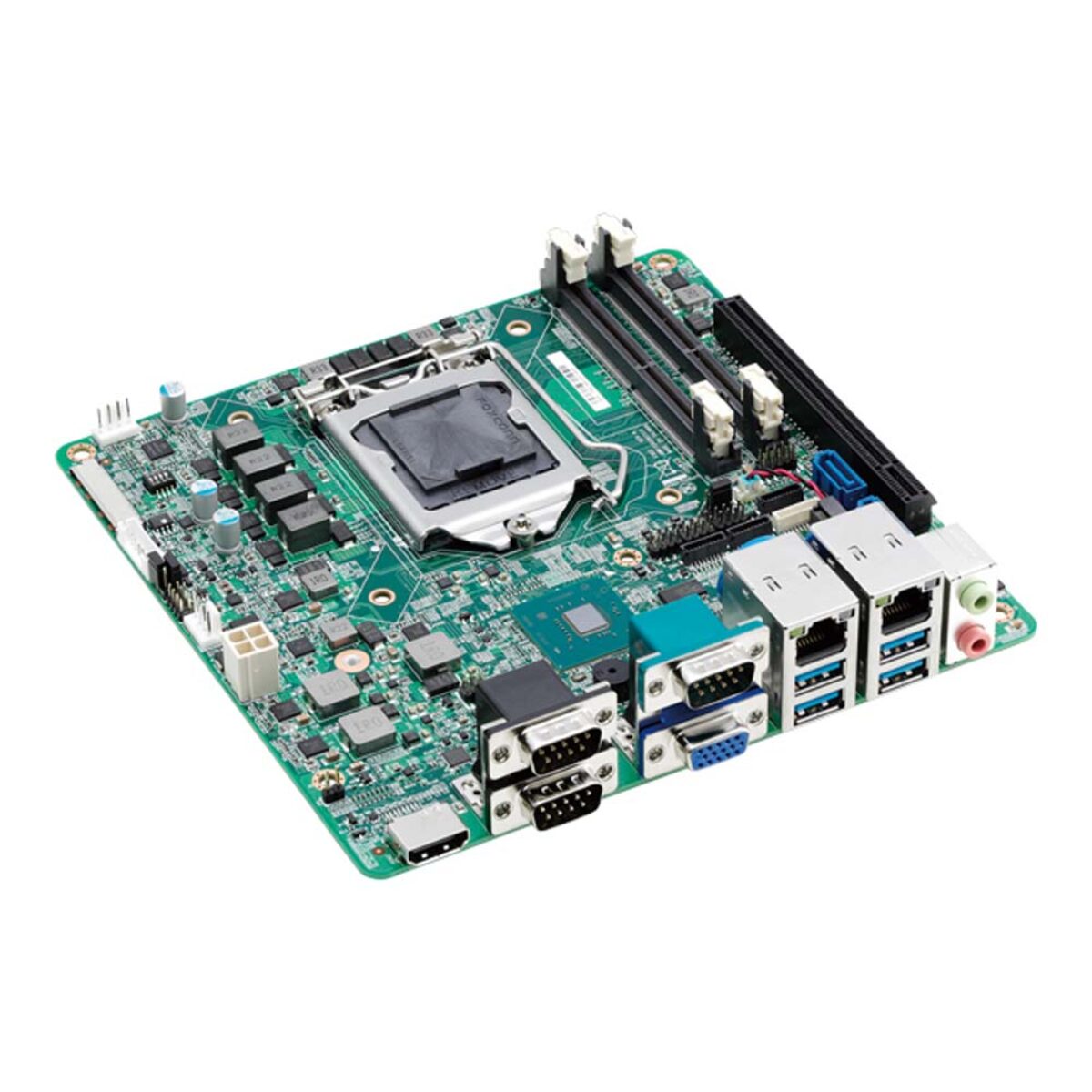 Nexcom X302 Mini-ITX motherboard, angled view with three DB9 COM ports, VGA, HDMI, two RJ45 and USB