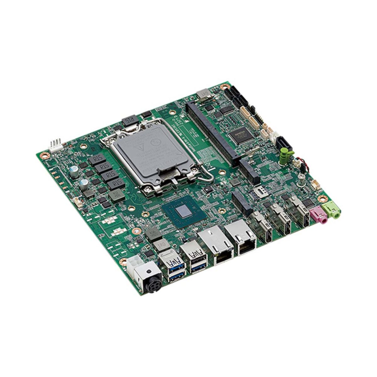 Nexcom X304 Mini-ITX motherboard, H610 board at an angle with LGA1700 socket, three HDMI and two RJ45