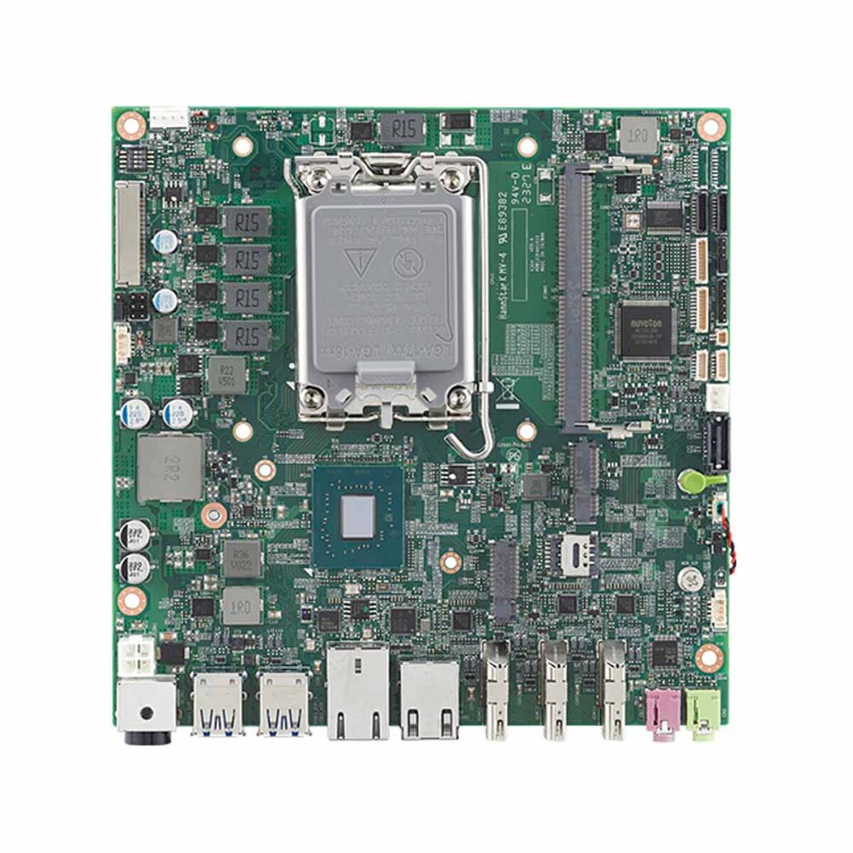 Nexcom X304 Mini-ITX motherboard, top view with LGA1700 socket, SO-DIMM sockets, M.2 sockets and edge I/O