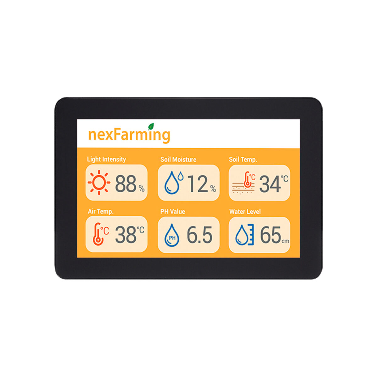 Nexcom XPPC 10-100 panel PC, front view of the slim-bezel touch screen showing a farming sensor dashboard