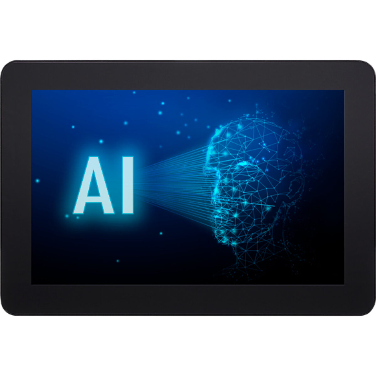 Nexcom XPPC 10-200 panel PC, front view of the slim-bezel touch screen showing an AI face graphic