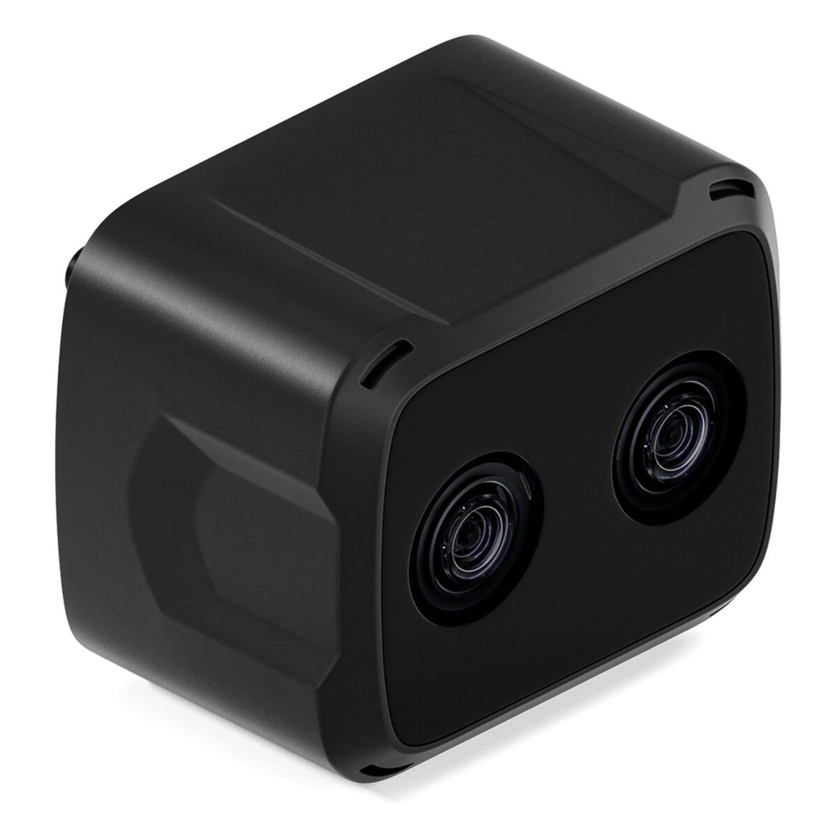 Stereolabs ZED X Nano close-range stereo camera, three-quarter front view of the compact cube body