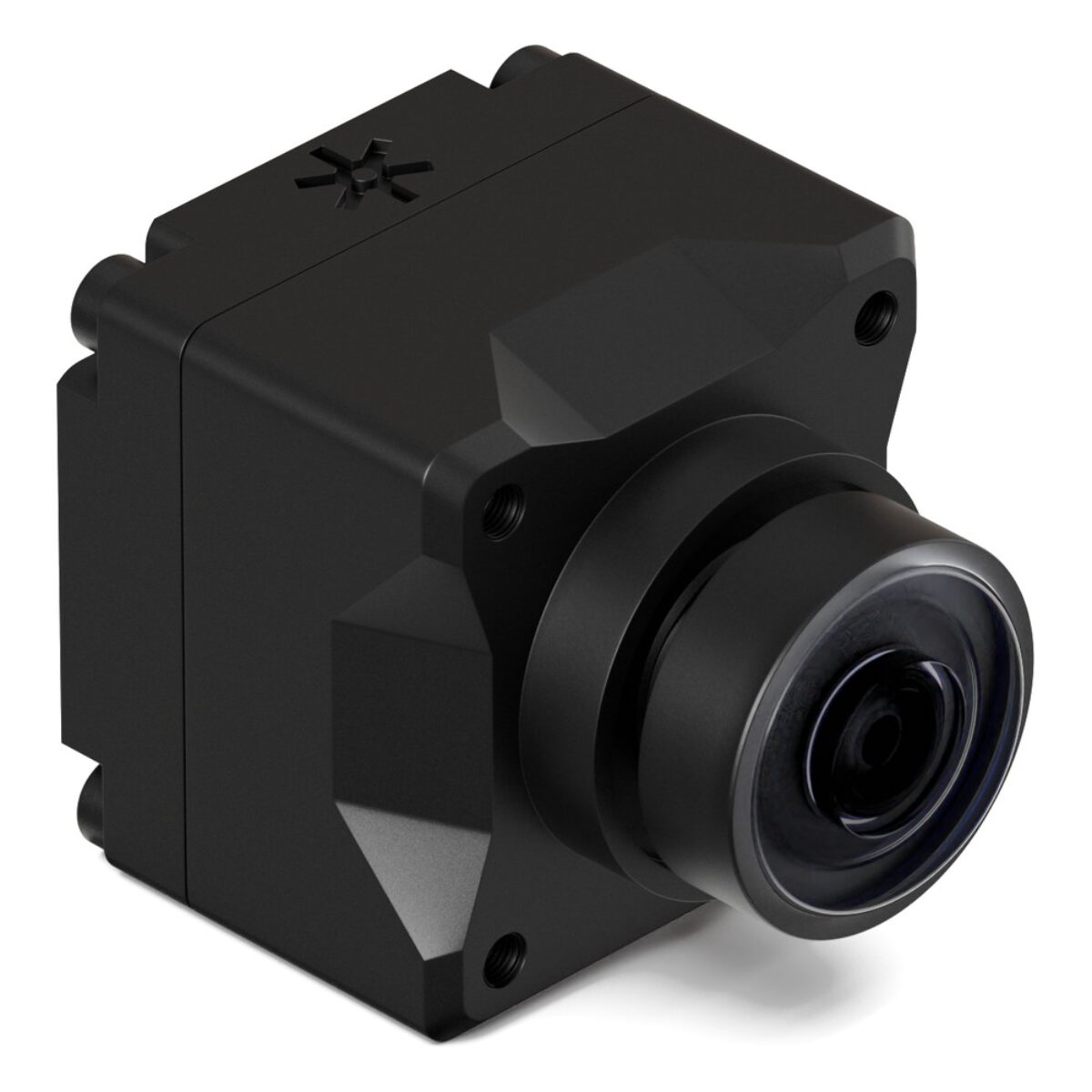 Stereolabs ZED X One S compact monocular camera, three-quarter front view with the fisheye lens