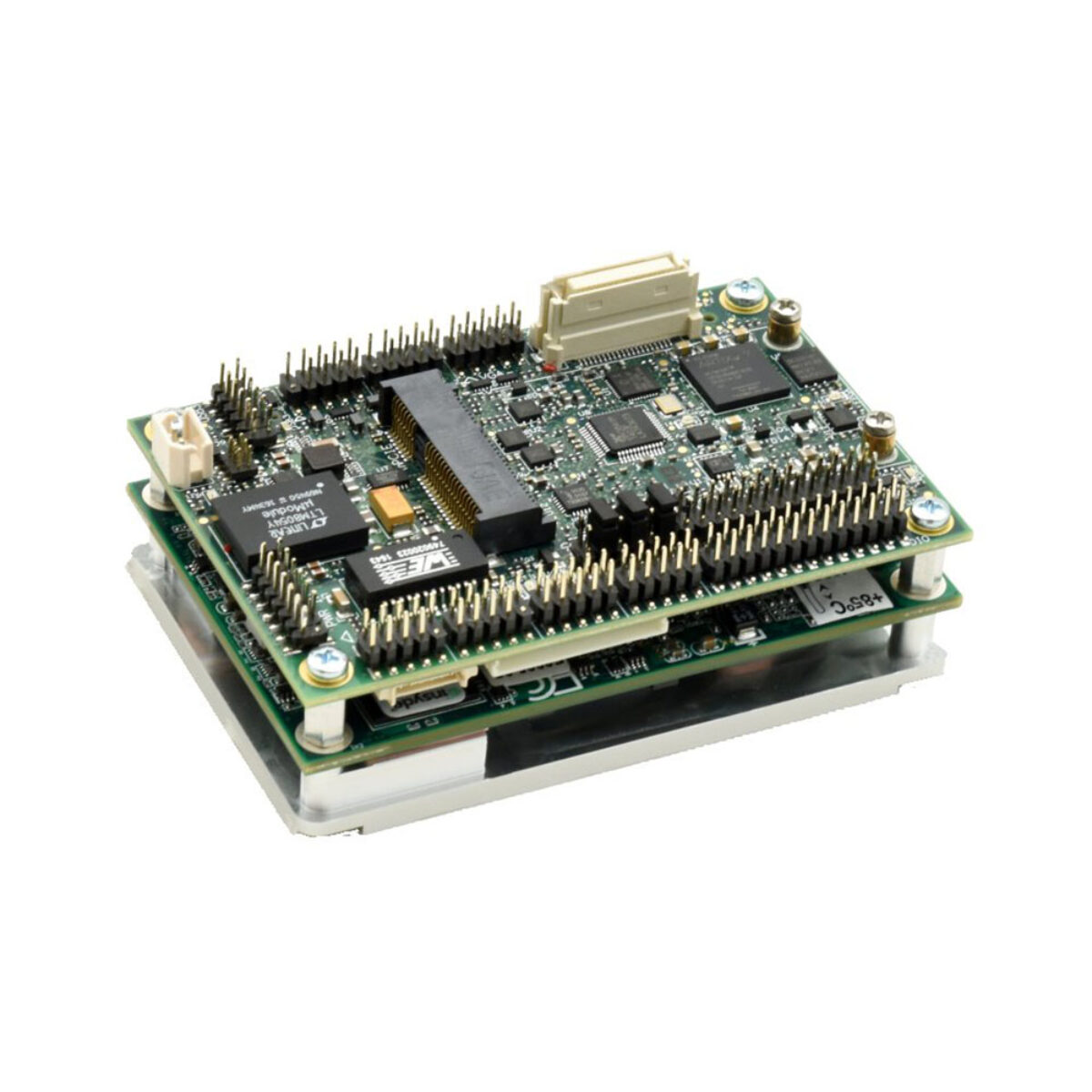 Diamond Systems ZETA COM Express SBC, angled view of the board stack with heat spreader and I/O headers