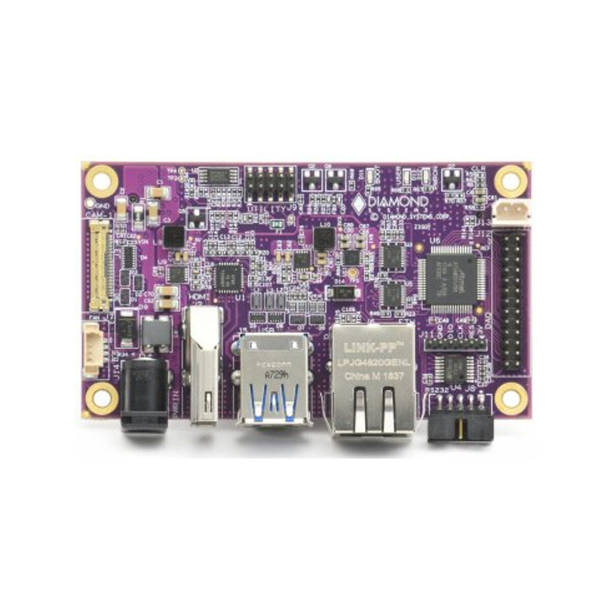 Diamond Systems ZIGGY Jetson TX2 carrier board, top view with DC jack, HDMI, USB 3.0, RJ45 and data acquisition header