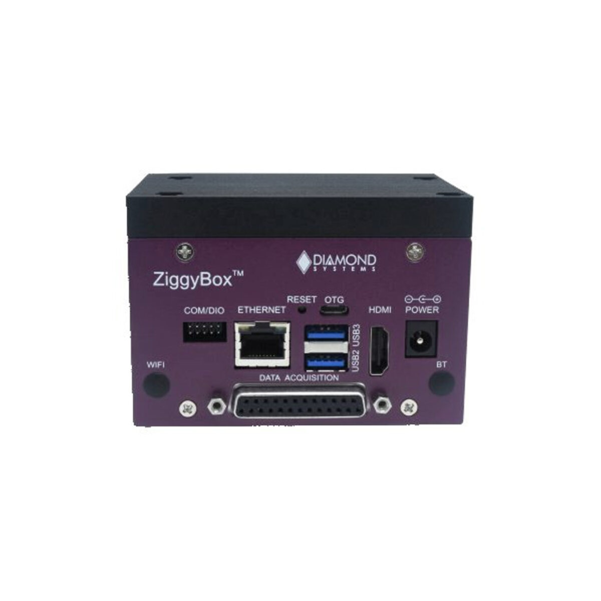 Diamond Systems ZIGGYBOX Jetson TX2 mini PC, front panel with RJ45, USB, USB OTG, HDMI, DC input and DB25 data acquisition