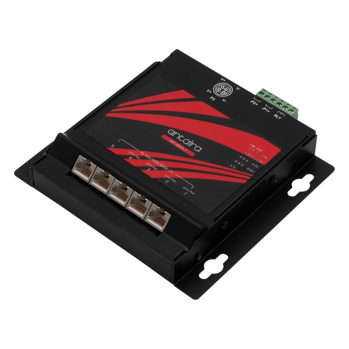 Antaira FNP-0500G-T unmanaged PoE switch, three-quarter view with five RJ45 ports and terminal block on a wall-mount plate
