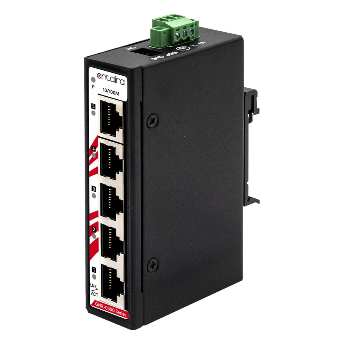 Antaira GNX-0500 industrial network switch, three-quarter view with RJ45 ports, LEDs and terminal block power