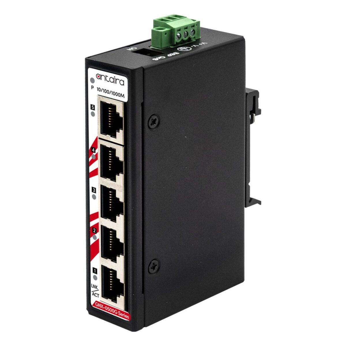 Antaira GNX-0500G industrial Ethernet switch, three-quarter view with five RJ45 ports, LEDs and terminal block power