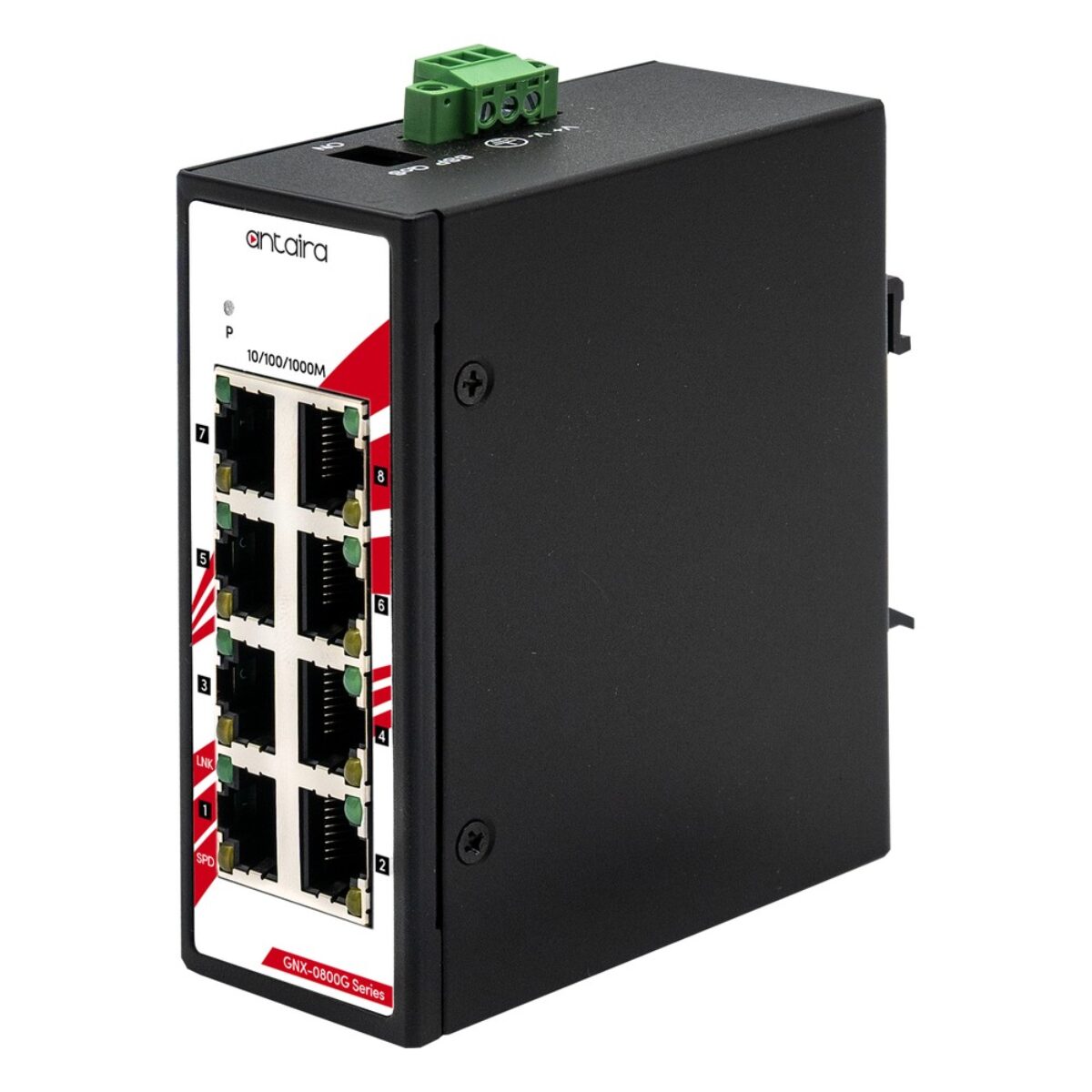 Antaira GNX-0800G DIN-rail switch, left three-quarter view with eight RJ45 ports, LEDs and top terminal block