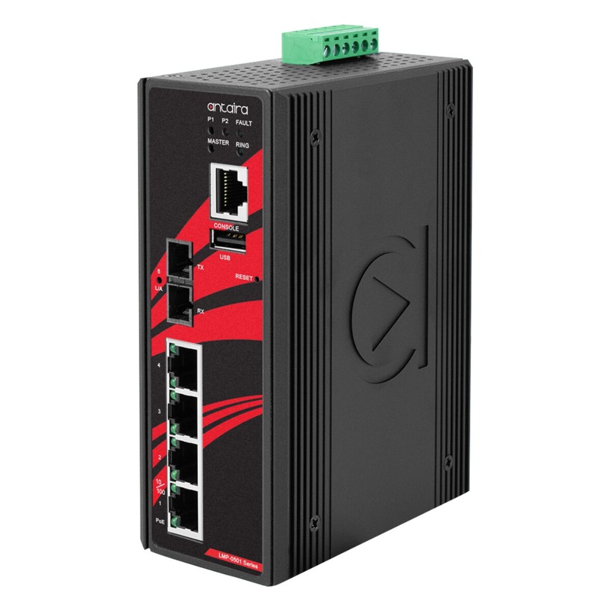 Antaira LMP-0501-V2 series industrial Ethernet switch, three-quarter view with RJ45 PoE ports, SC fiber port and console port