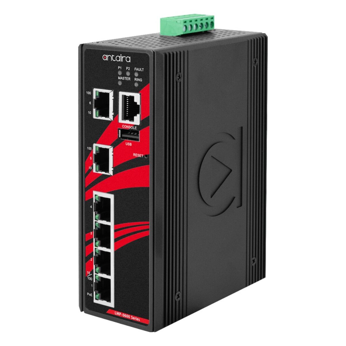 Antaira LMP-0600-V2 managed industrial switch, three-quarter view with RJ45 ports, console port, LEDs and terminal block