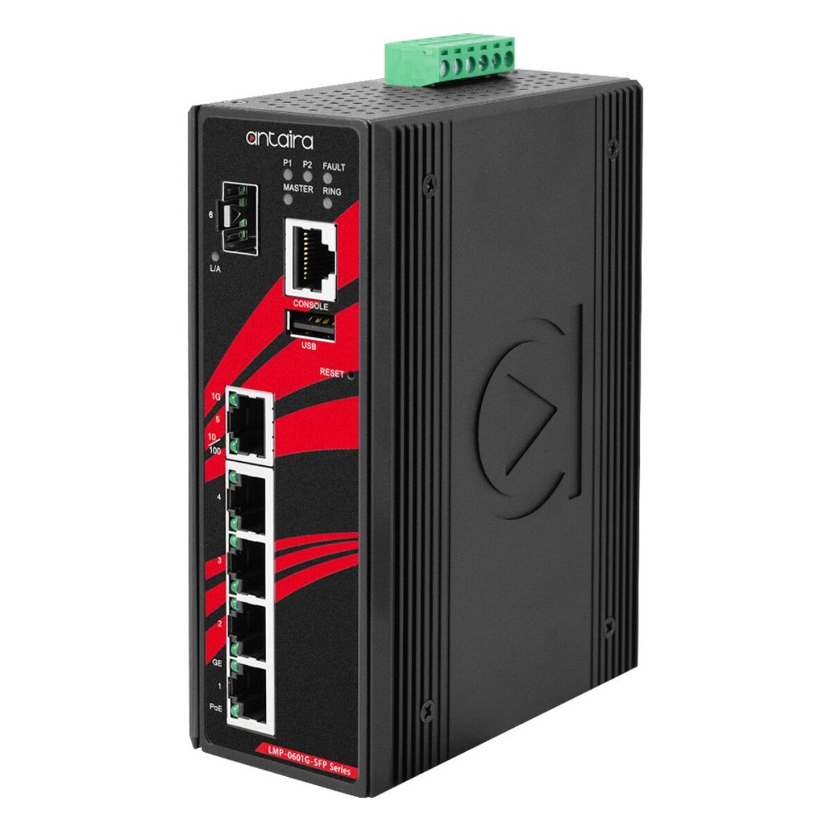 Antaira LMP-0601G-SFP-V2 managed industrial Ethernet switch, three-quarter view with PoE ports, SFP slot and console port