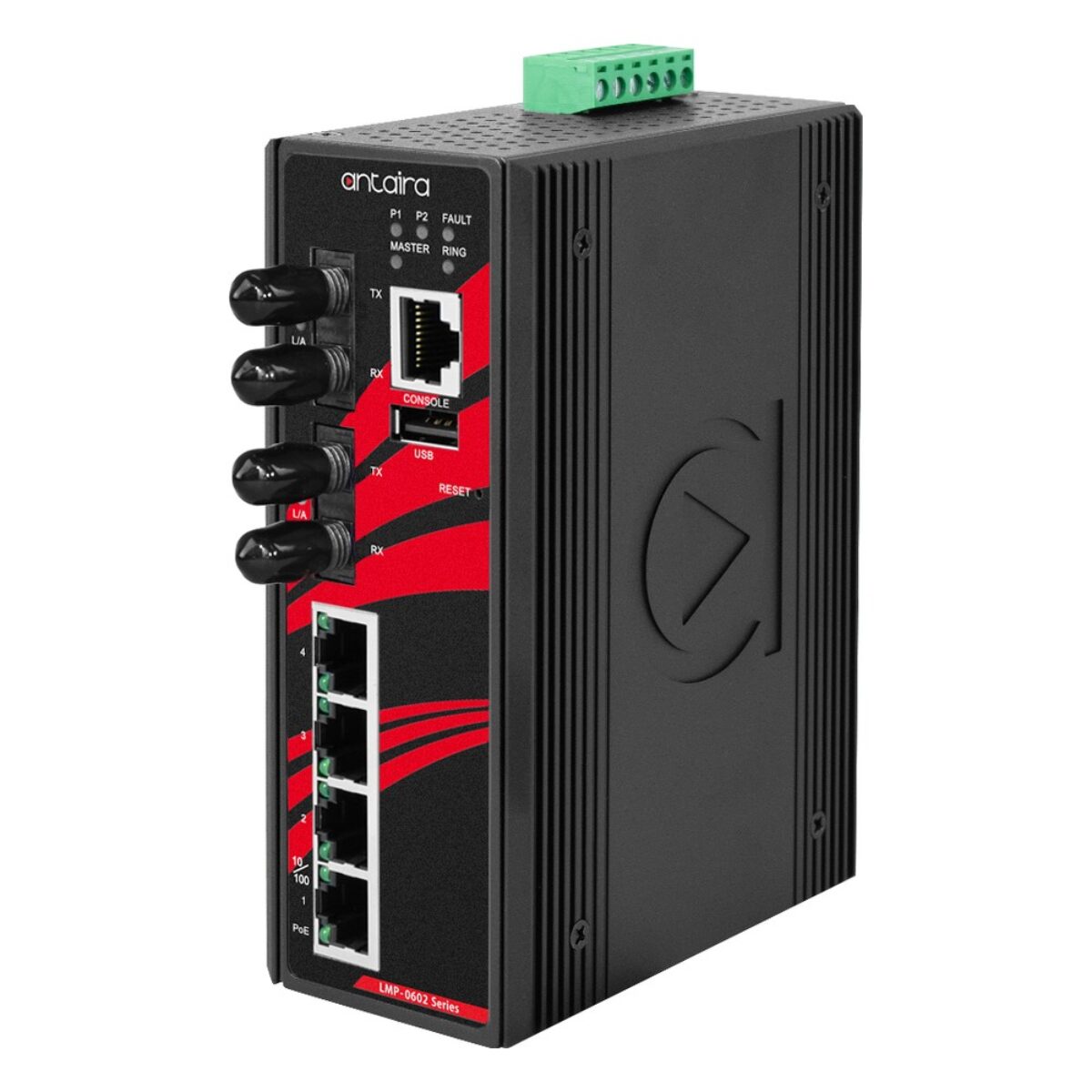 Antaira LMP-0602-ST-M-V2 industrial network switch, three-quarter view with ST fiber ports, RJ45 ports and LEDs