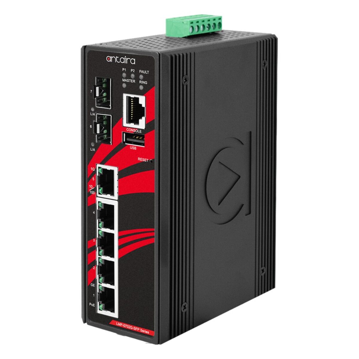 Antaira LMP-0702G-SFP-V2 managed industrial Ethernet switch, three-quarter view with SFP slots, console and RJ45 ports