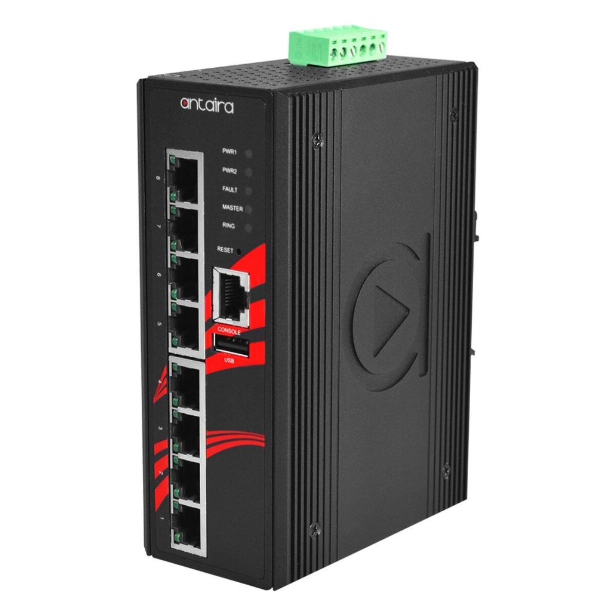 Antaira LMP-0800G-24 DIN-rail Ethernet switch, three-quarter view with eight RJ45 ports, console port and LEDs